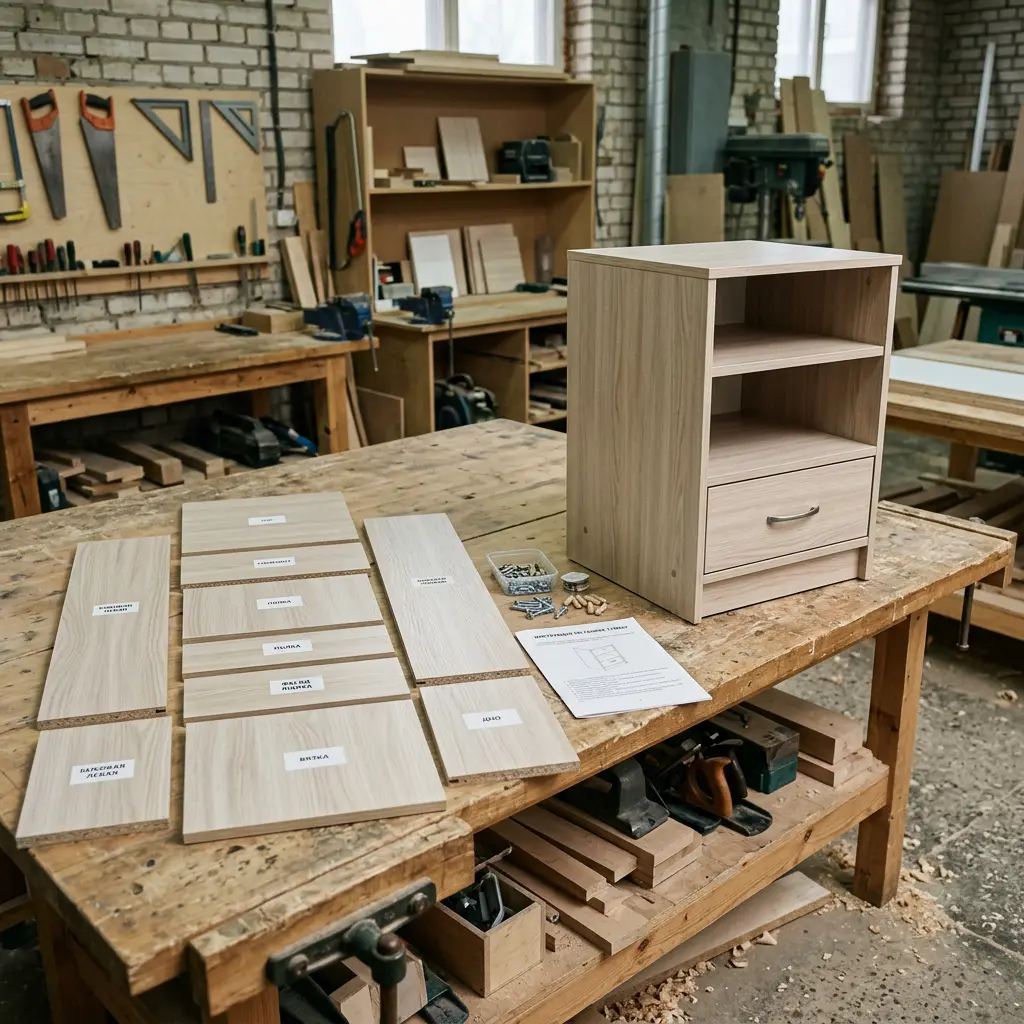 DIY-комплект тумбы из светлой ЛДСП: распиленные подписанные детали и собранная тумба рядом
