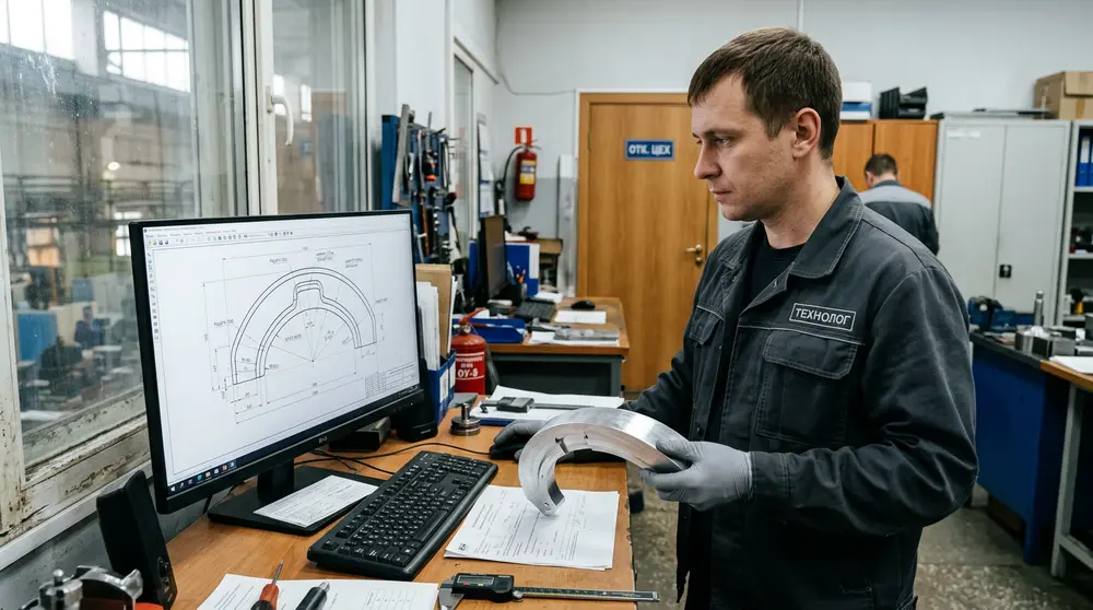 Технолог проверяет геометрию криволинейной детали на экране