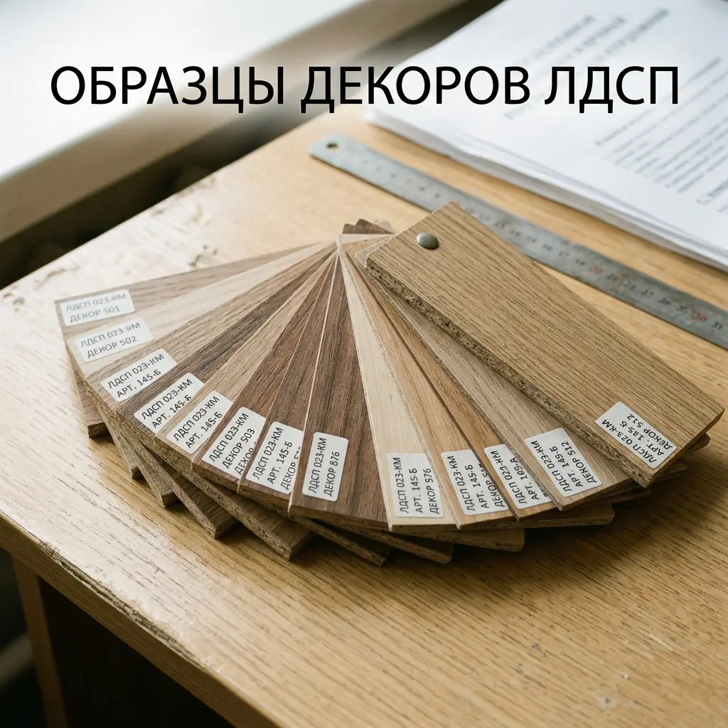 Образцы декоров ЛДСП с артикулами на столе