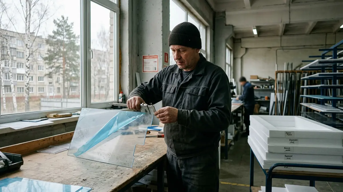 Контролёр меряет деталь из поликарбоната перед отгрузкой, плёнка на листе